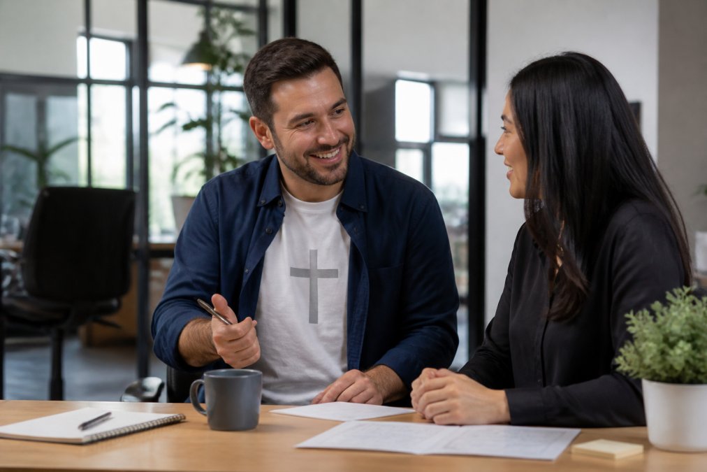 A professional in business casual attire with a subtle Christian graphic t-shirt, smiling while collaborating with a colleague at a desk in a bright, modern office