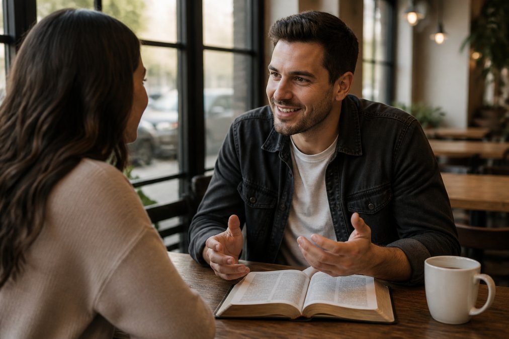 A person in a coffee shop having a warm conversation with a friend, a Bible open on the table and a faith-themed t-shirt subtly visible, soft natural window light