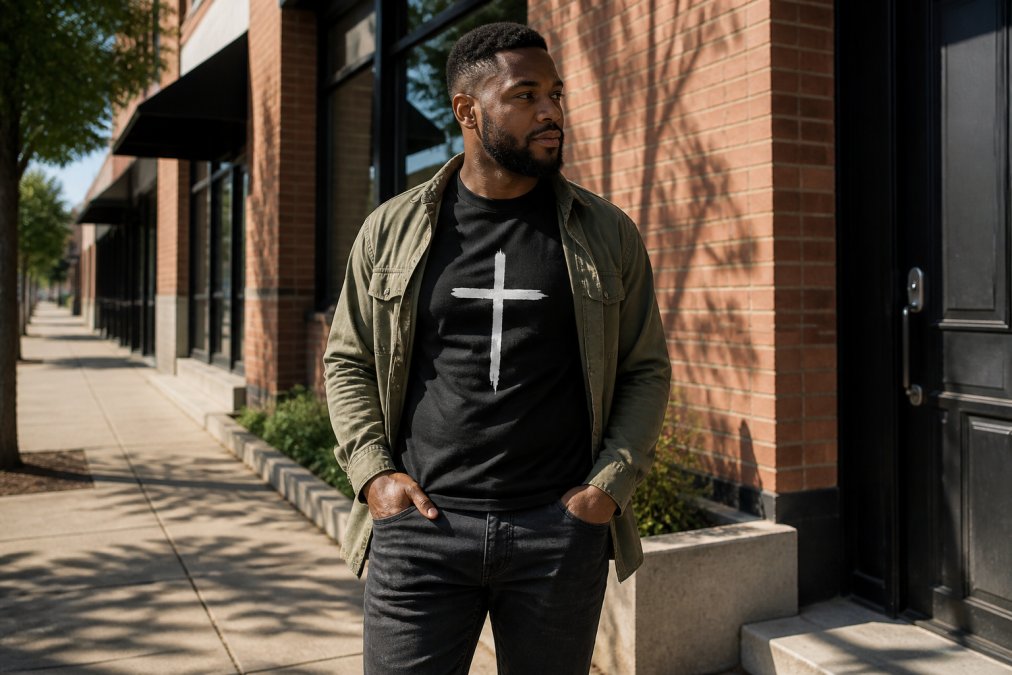 A person wearing a black scripture t-shirt with a white cross-of-nails graphic, styled with dark jeans and an open casual jacket, standing on a sunlit sidewalk outside a brick building