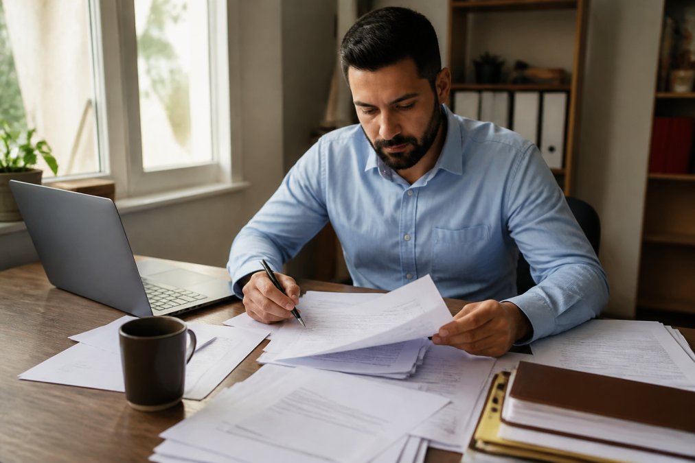 Person sitting at desk with legal documents, pen, and laptop reviewing court filing paperwork in home office with natural light