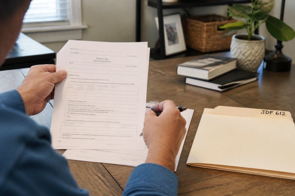 A person at a wooden desk reviewing Colorado court forms, with a pen and a folder labeled 'JDF 612', in a home office setting
