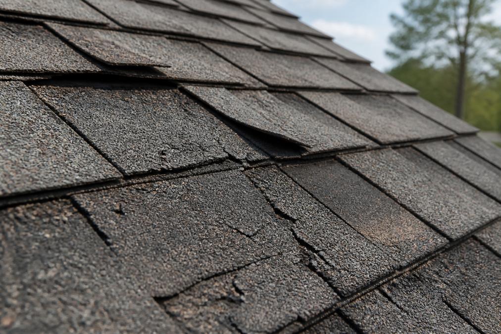 Aging asphalt shingles showing signs of weathering and roof deterioration