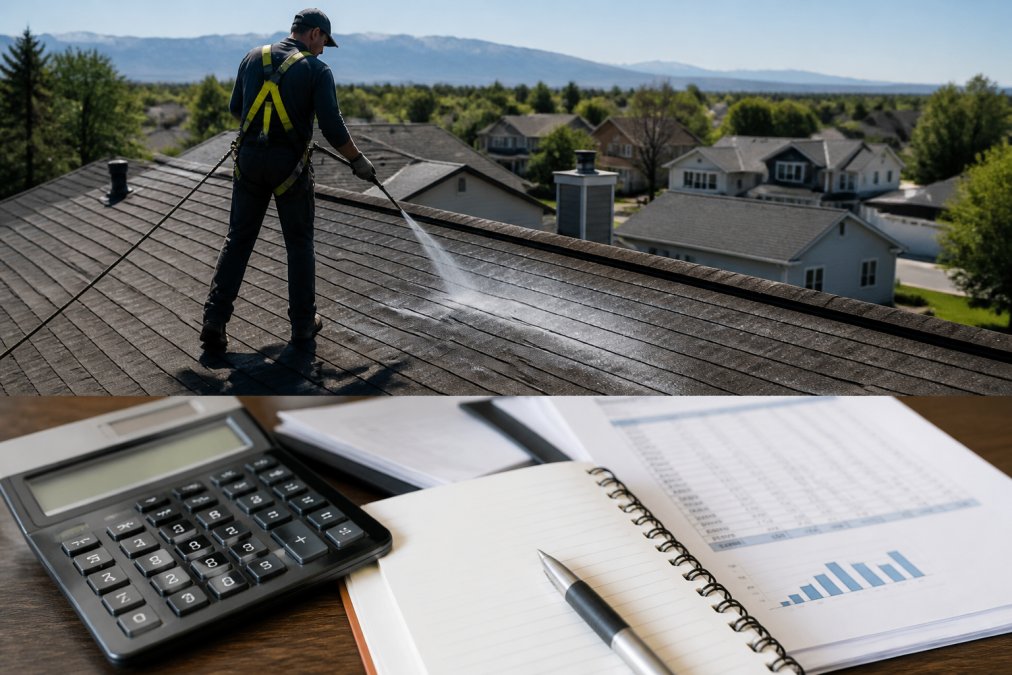 Roof rejuvenation treatment being applied to an asphalt shingle roof
