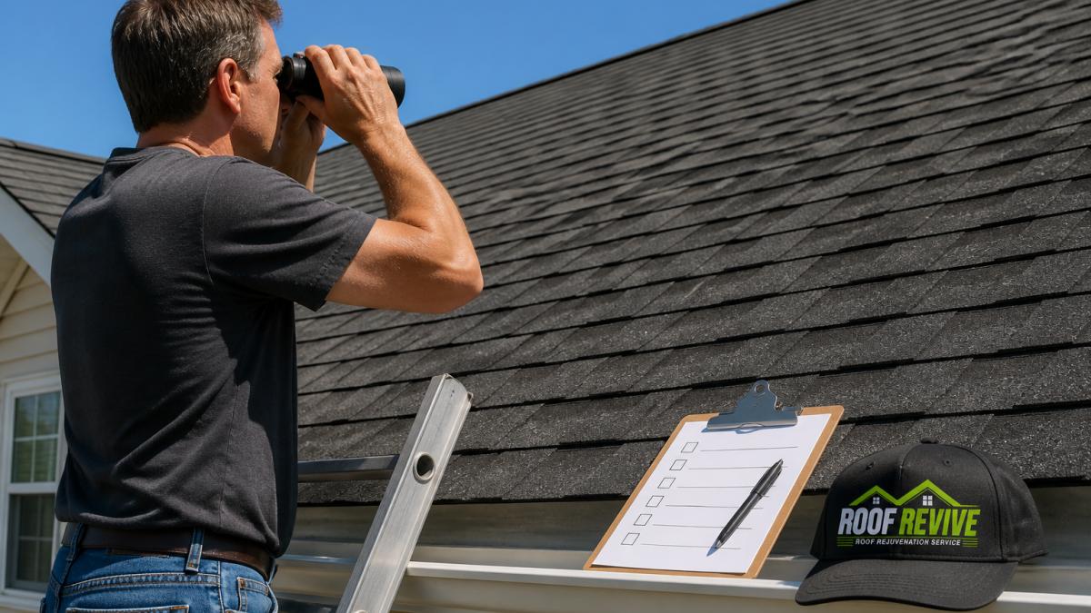 A homeowner in casual clothes standing on a ladder at the edge of a house, using binoculars to inspect asphalt shingles on a sunny day, with a clipboard and checklist visible nearby