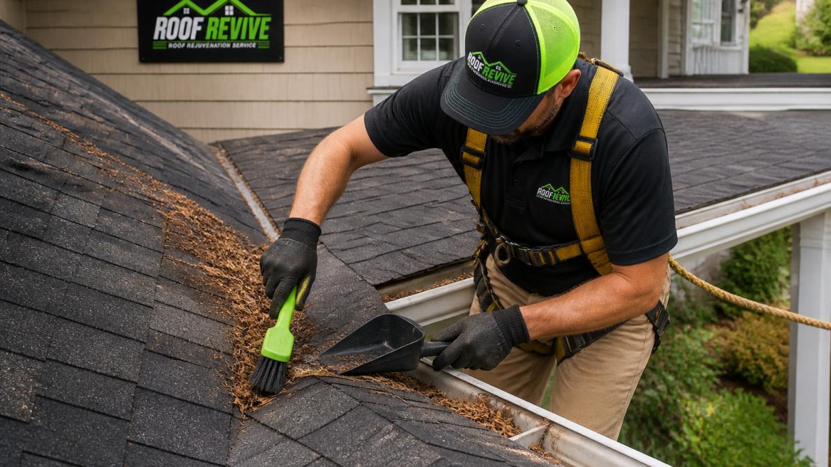 Professional demonstrating proper roof maintenance technique while safely clearing debris from roof valleys and gutters with small brush and scoop, wearing safety equipment on residential home