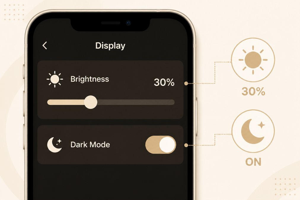 Close-up of a smartphone screen showing brightness slider at 30% and dark mode toggle enabled in settings menu