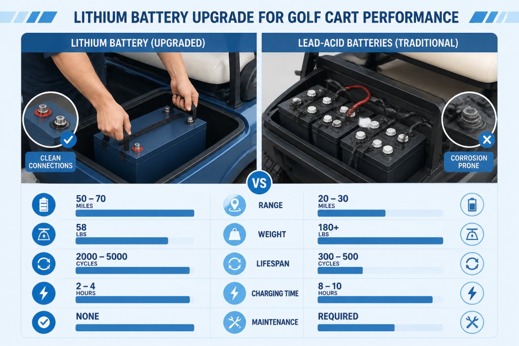 Technician installing a compact lithium battery pack into a golf cart battery bay during an upgrade process