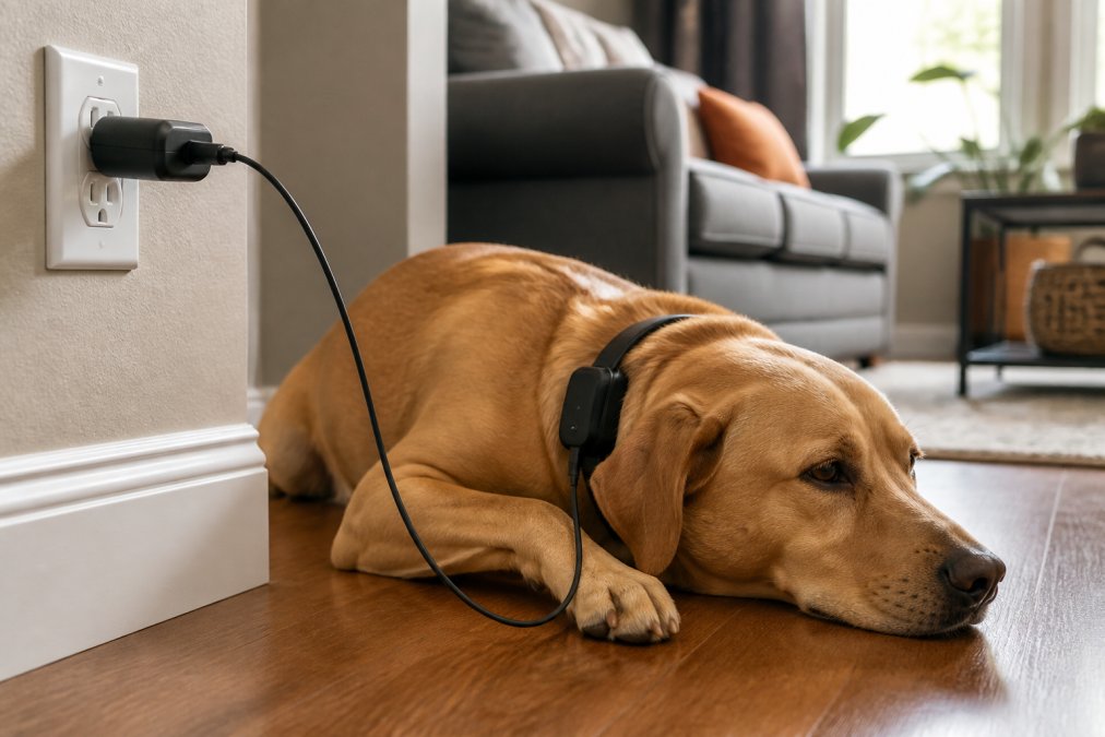 A dog wearing a GPS pet tracker collar rests on a floor near a charging cable plugged into a wall outlet