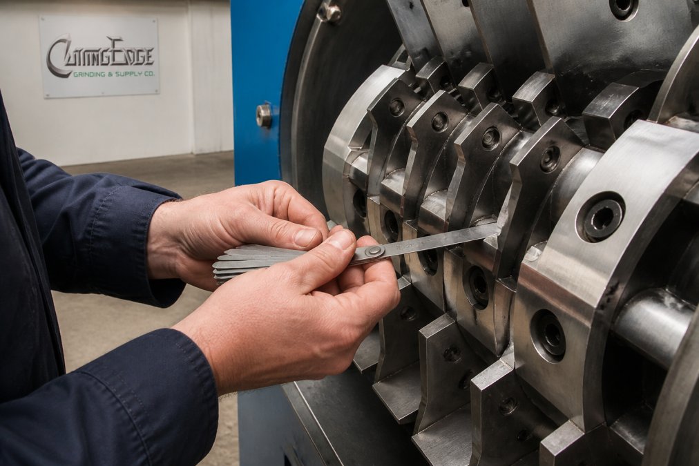 Professional technician using a blade clearance gauge to measure knife gap on a granulator rotor, showing proper hand positioning and measurement technique with the gauge inserted between opposing blades