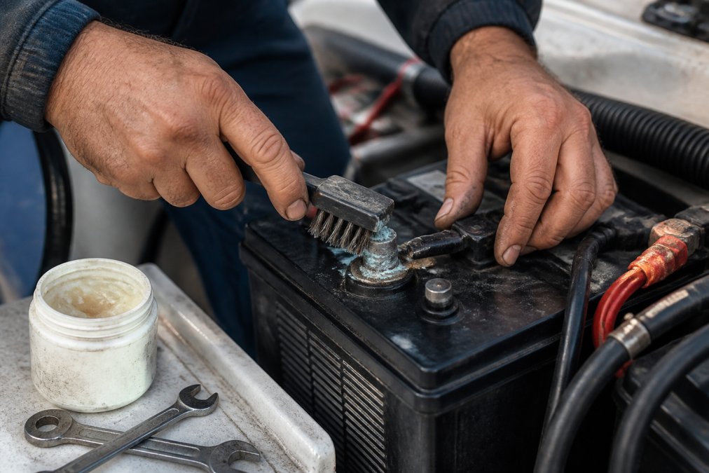 Mechanic using a wire brush to clean terminal corrosion, helping to extend marine battery lifespan