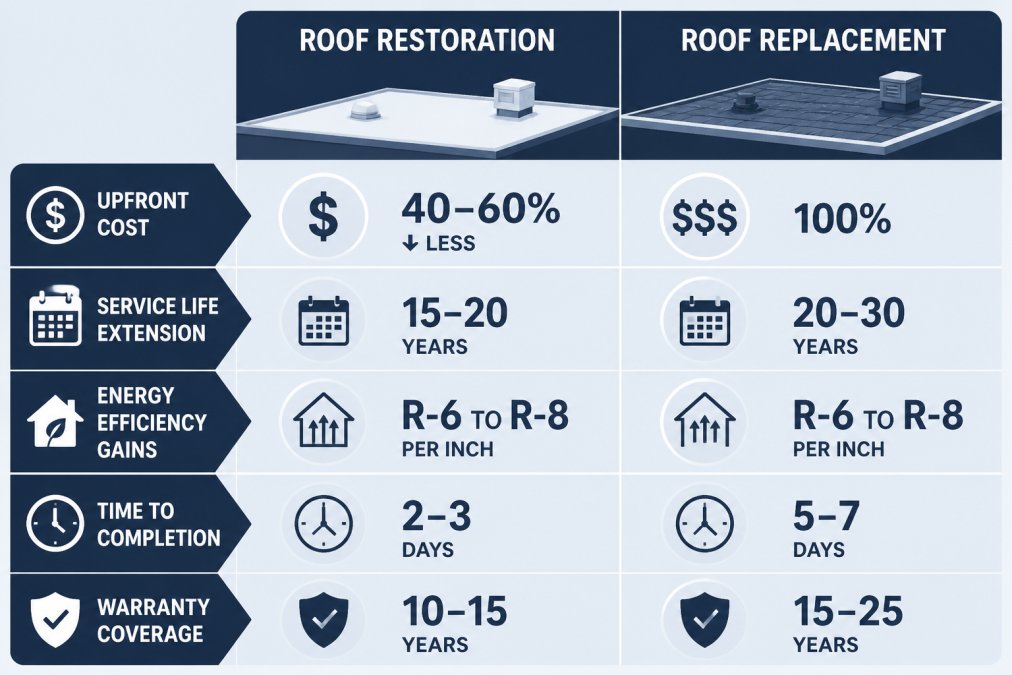 Comparison matrix showing how restoration costs and time help extend roof life compared to full replacement.