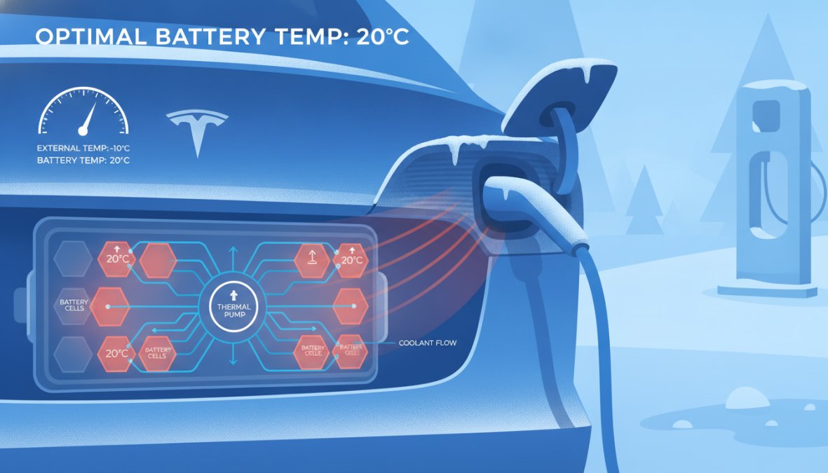 Close-up of a Tesla charging port in cold winter conditions with frost visible on the surrounding bodywork, the charge cable connected and the charge port light glowing blue