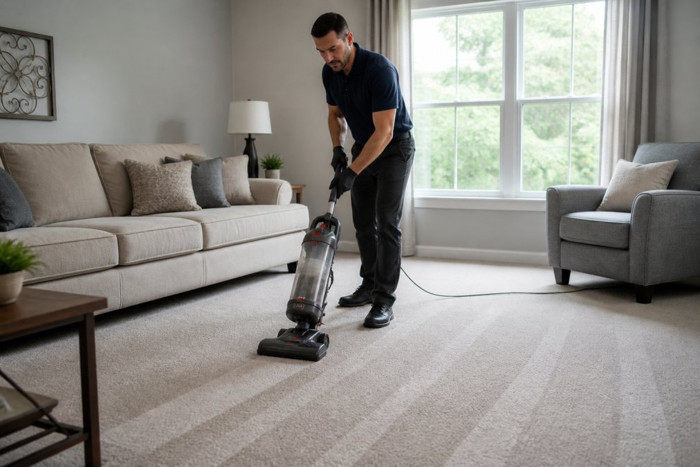 Professional demonstrating proper vacuum technique with overlapping strokes on light-colored carpet in modern living room with natural sunlight