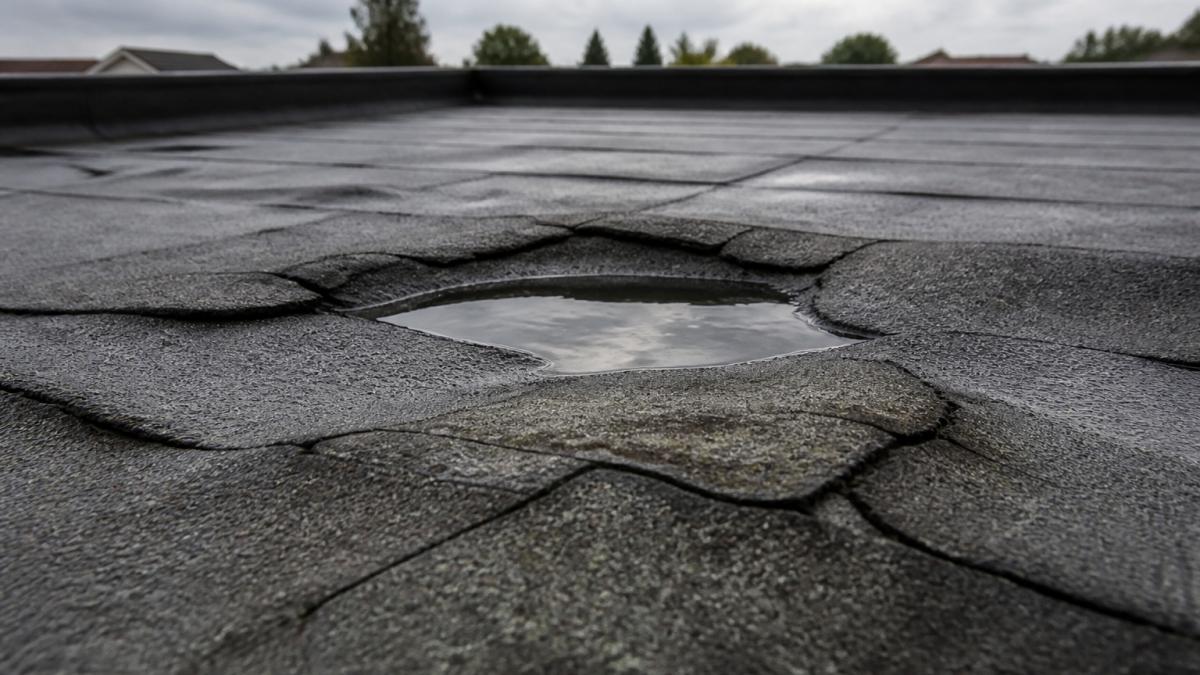 Close-up of a flat roof surface showing blistered and cracked felt roofing with a small puddle of water sitting in a depression, overcast sky, no people