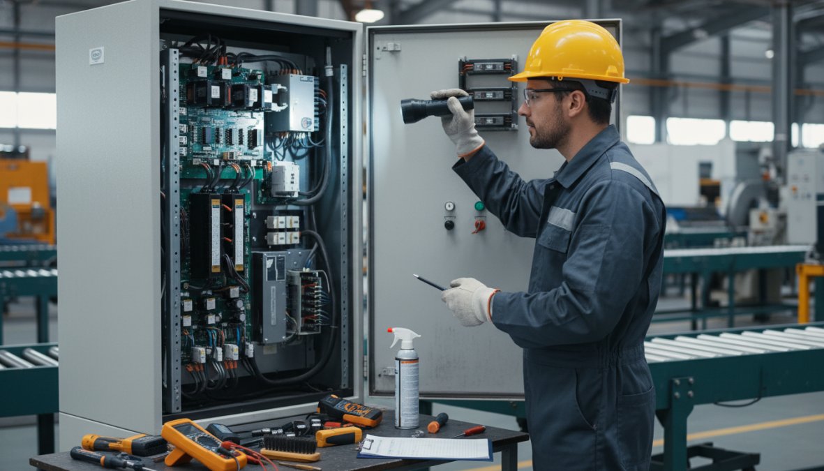 A maintenance technician in safety gear and hard hat inspecting the interior of an open industrial VFD control panel with a flashlight, examining circuit boards and wiring in a brightly lit factory setting