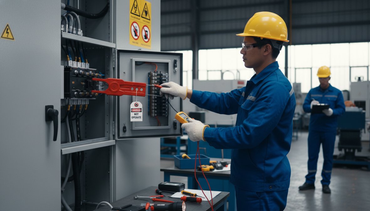 Close-up of an industrial electrician wearing full arc flash PPE including a face shield, insulated gloves, and flame-resistant jacket while working near a locked-out electrical panel in a large industrial facility with fluorescent overhead lighting