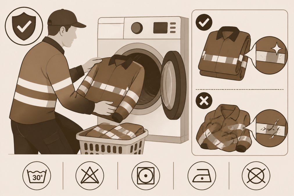Worker carefully loading high-visibility clothing with reflective tape into a washing machine, showing gentle handling of garments to protect reflective elements