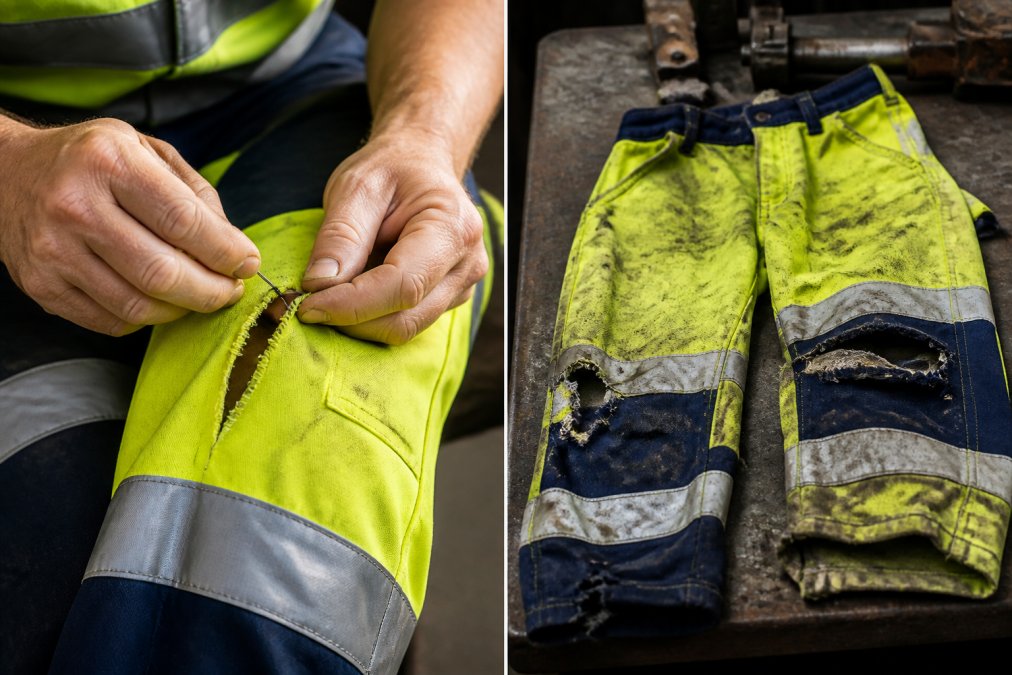 Close-up of hands carefully mending a tear in hi-vis work trousers with needle and thread, demonstrating basic hand-sewing repair technique on reflective fabric