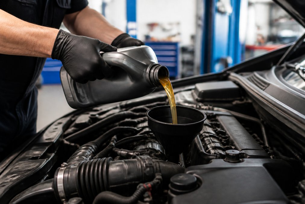 Technician pouring fresh motor oil into an engine to help you learn how to extend your vehicle engine life