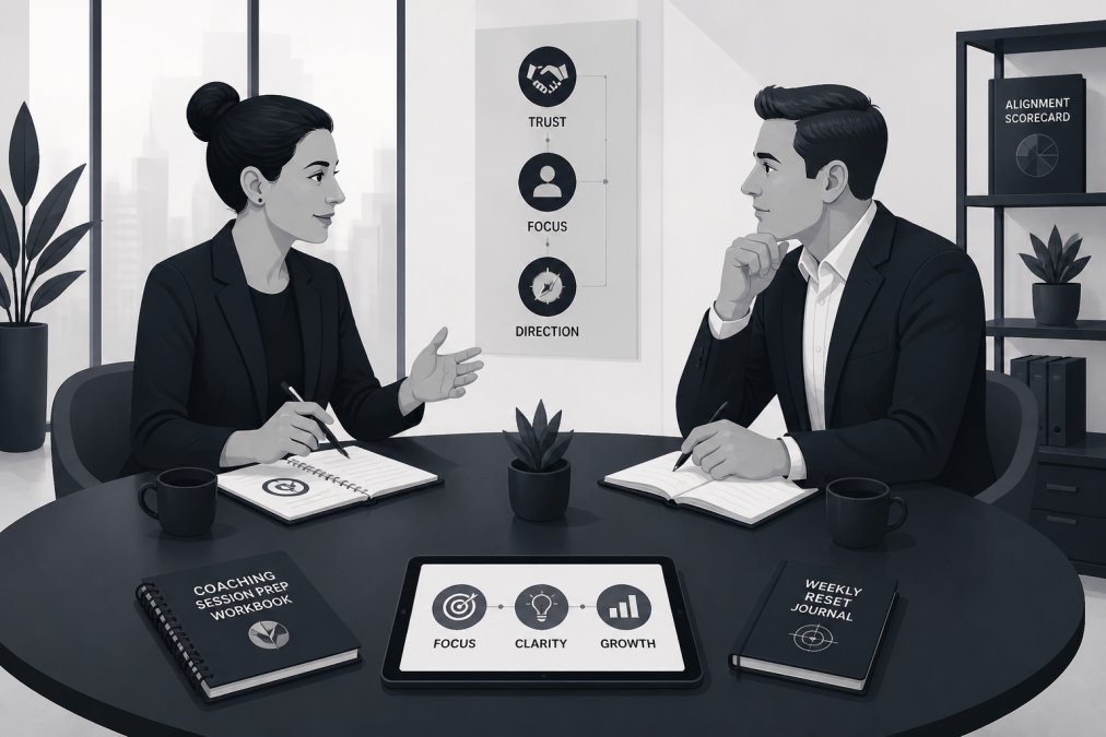 Professional illustration showing facilitate executive coaching sessions
