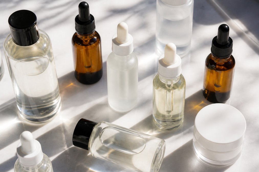 Flat lay of skincare bottles and serums arranged on a clean white surface, including toners and acid treatments, with soft natural lighting