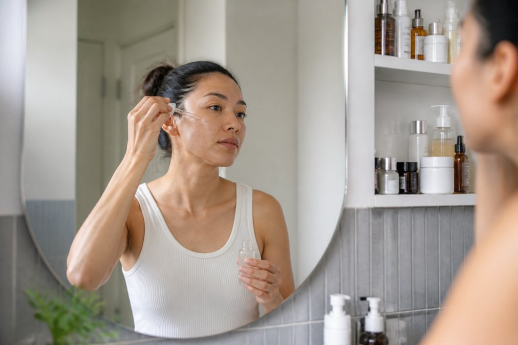 Woman applying serum to her face in a well-lit bathroom mirror, surrounded by neatly organized skincare products on a shelf
