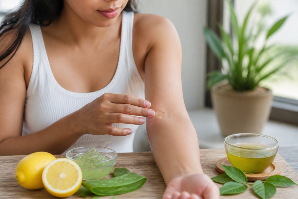 Woman carefully applying natural skincare remedy to her inner arm for patch testing, with fresh lemon, aloe vera leaf, and green tea visible on a light wooden surface in natural window lighting