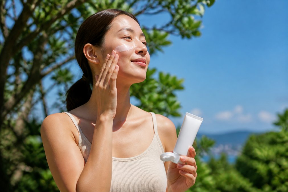 Woman applying broad-spectrum sunscreen to her face outdoors on a bright sunny day, with blue sky and green foliage visible in background, demonstrating daily sun protection routine