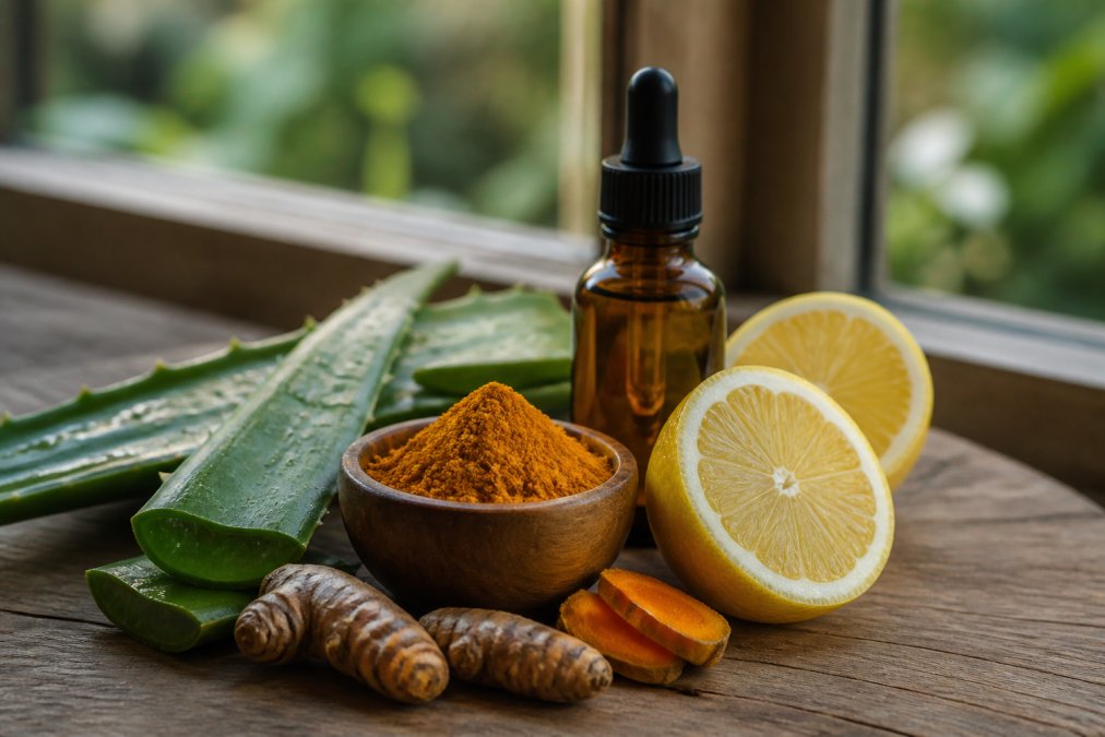 Close-up of natural skincare ingredients arranged on a wooden surface including turmeric powder in a small bowl, fresh lemon slices, vibrant green aloe vera leaf, and a glass dropper bottle of amber serum, with soft diffused natural lighting from a nearby window