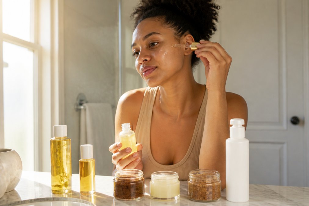 Woman carefully applying lightweight serum to her cheekbone in front of a bathroom mirror with morning sunlight, surrounded by skincare products including sunscreen bottle and natural treatment jars on a marble counter