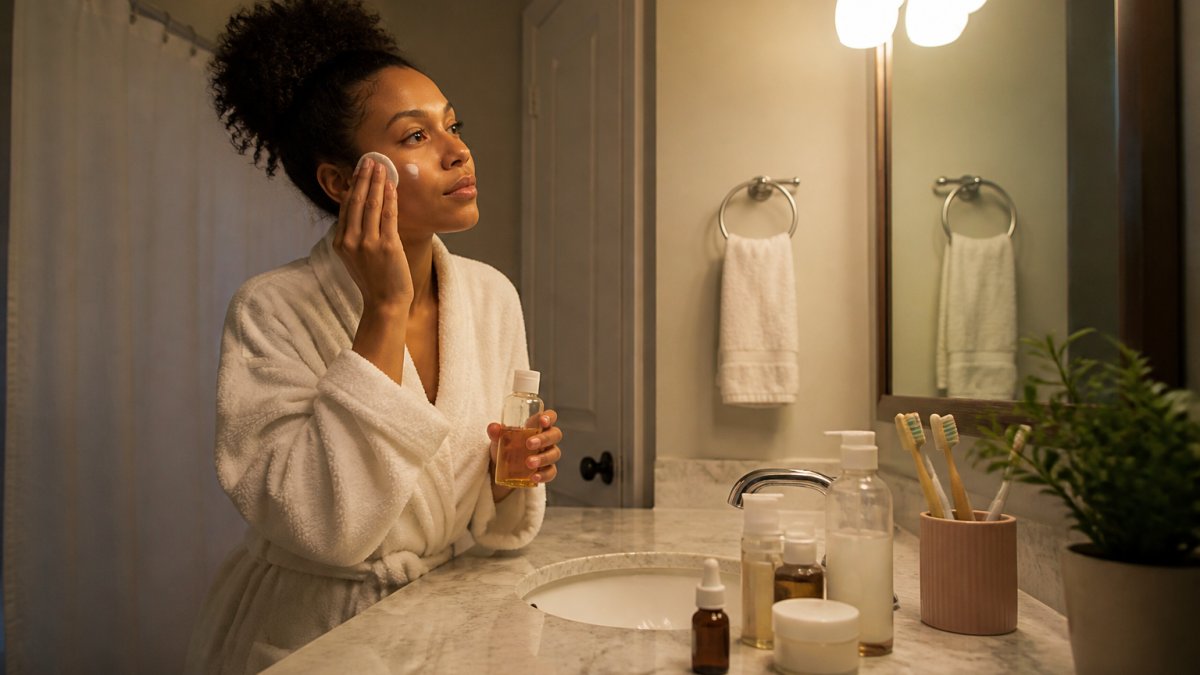 Woman applying toner to her face in the evening with skincare products arranged on a marble bathroom counter, soft warm lighting from overhead fixture