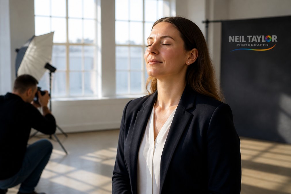 Professional taking a deliberate breath with relaxed shoulders in a bright studio setting with soft natural light filtering through large windows, demonstrating calm composure before a headshot session