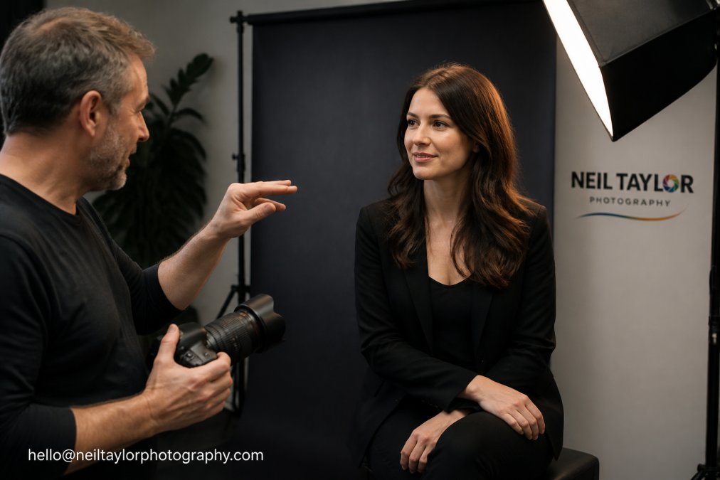 Photographer and client in relaxed conversation during a headshot session, with the photographer gesturing to explain a posing direction whilst the client listens attentively, demonstrating positive rapport and collaborative energy in a well-lit studio