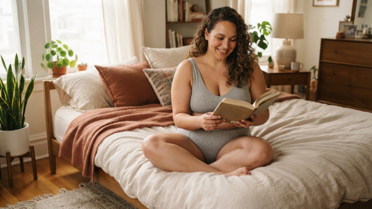 A plus-size woman sitting comfortably on a bed, wearing a soft wire-free bralette and high-waisted briefs, smiling gently while reading a book. Natural light, cozy bedroom setting, relaxed and confident posture.