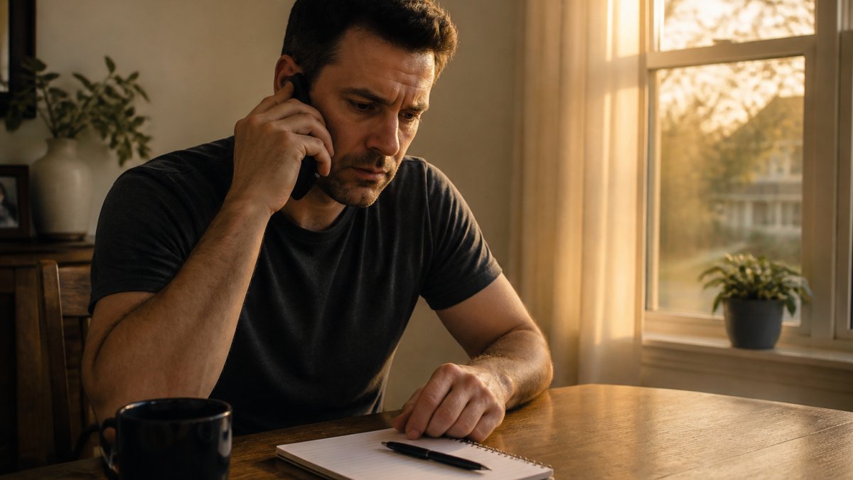 A person sitting at a wooden table in a dimly lit room, holding a phone to their ear with a notepad and pen nearby, looking concerned but focused, soft early morning light from a window