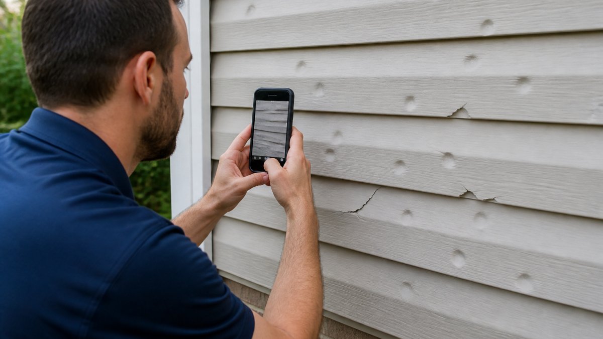 Homeowner photographing storm damage to vinyl siding with smartphone, showing close-up detail of hail impact marks and cracks in natural daylight