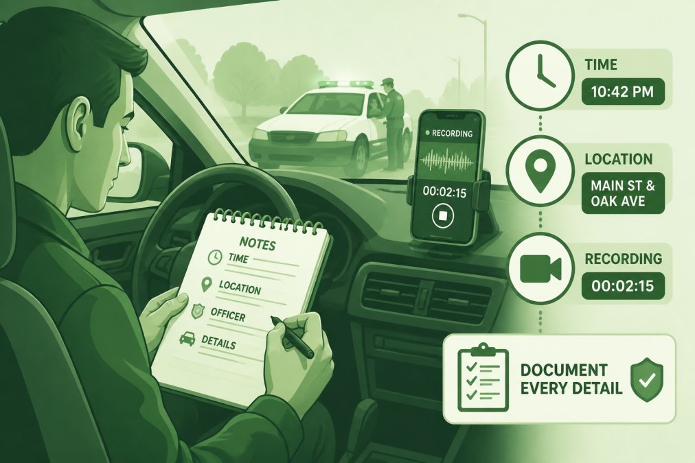 Person writing detailed notes on a notepad while sitting in a parked car, with a smartphone on the dashboard showing a recording app, documenting the time and location of a traffic stop