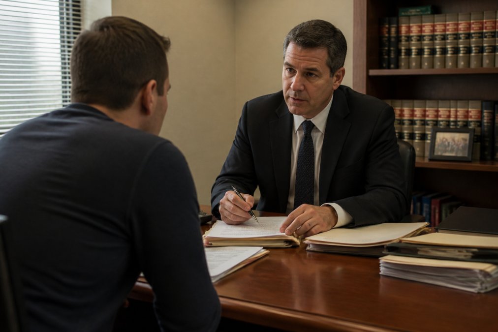 Criminal defense attorney in a professional office wearing business attire, sitting across from a client at a wooden desk with case files and legal documents spread out, discussing defense strategy with a serious, focused expression