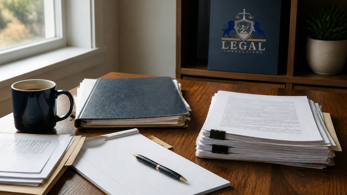 A person sitting at a wooden table reviewing legal paperwork with a pen and notebook, warm natural light through a window, a coffee mug nearby, calm and focused atmosphere