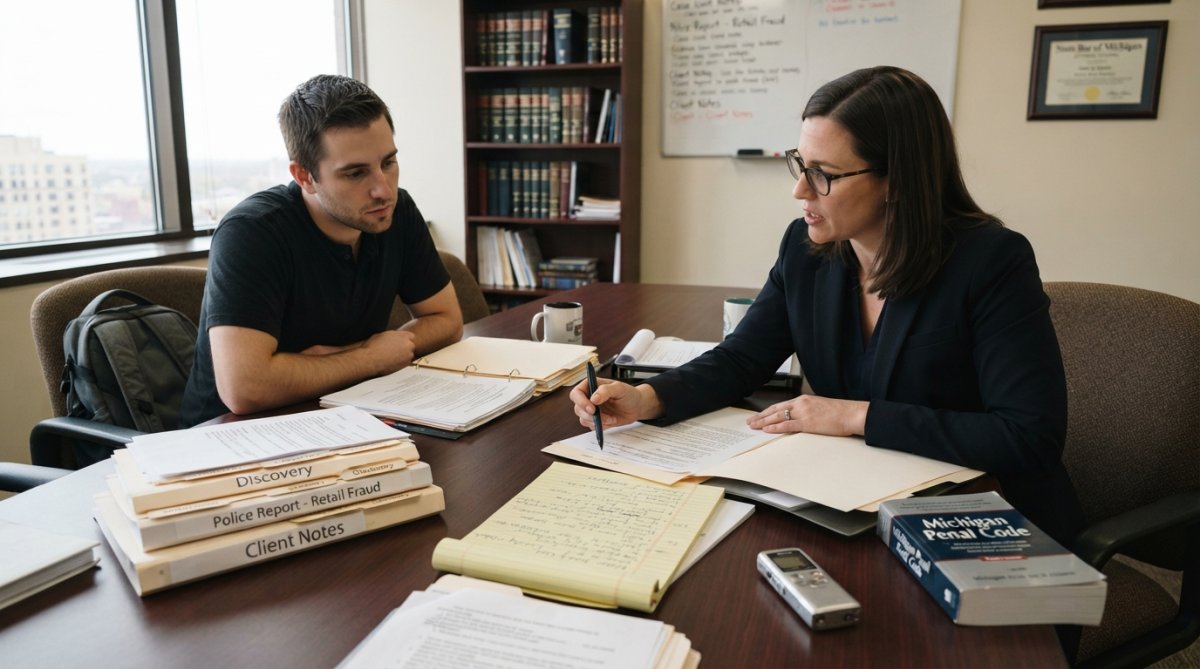 Criminal defense attorney in professional business attire meeting with a client across a desk covered with case files and legal documents in a modern law office consultation room with natural window lighting