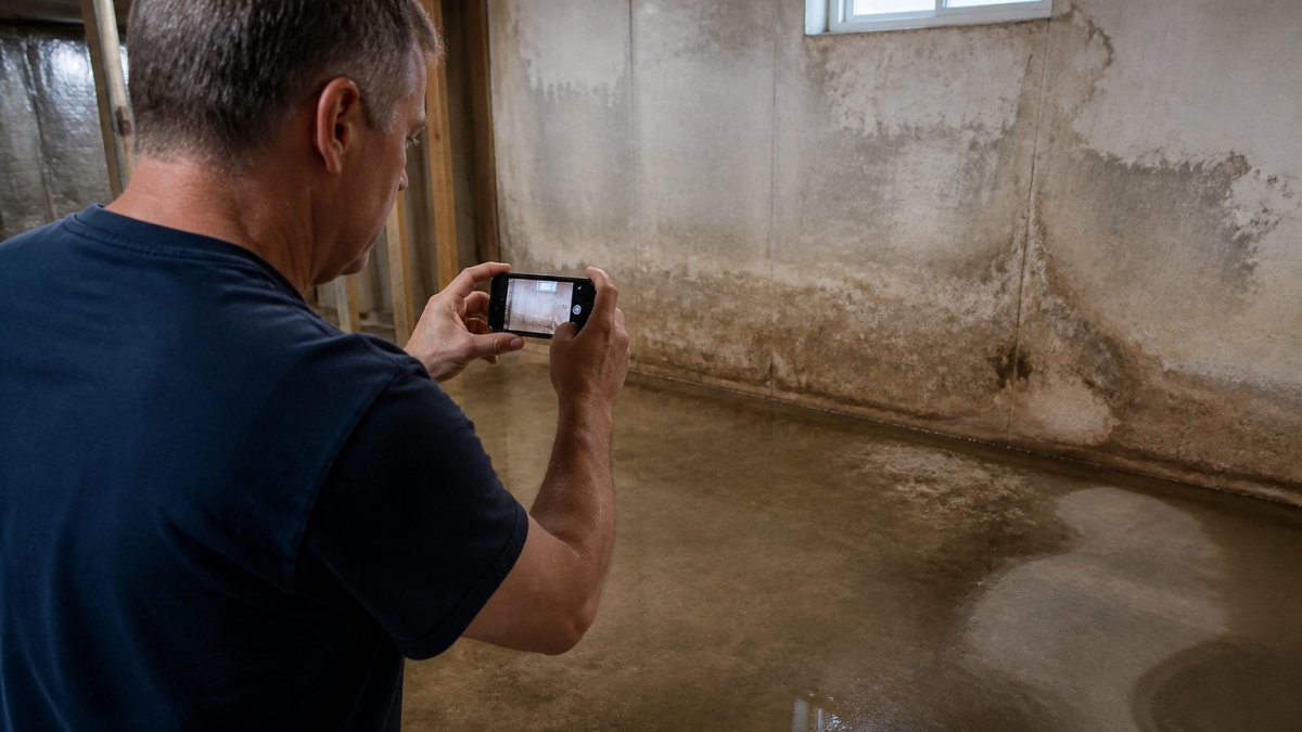 Homeowner photographing water-stained basement walls and flooded flooring with a smartphone, documenting the extent of water damage with natural basement lighting