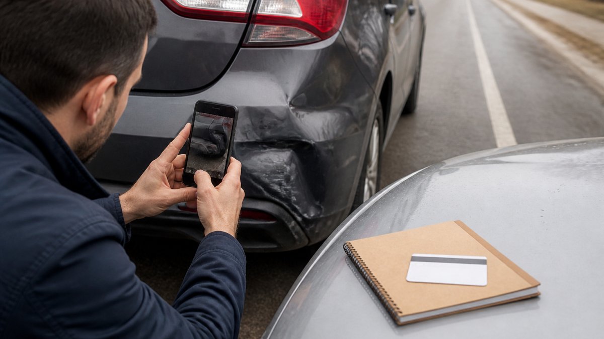 Driver photographing car bumper damage to gather evidence for a car accident claim at a roadside crash scene