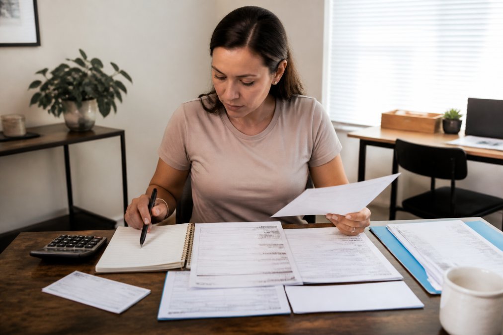 Person sitting at a desk with financial documents, bank statements, pay stubs, and a notebook spread out, carefully organizing and reviewing paperwork with a focused expression under natural desk lighting
