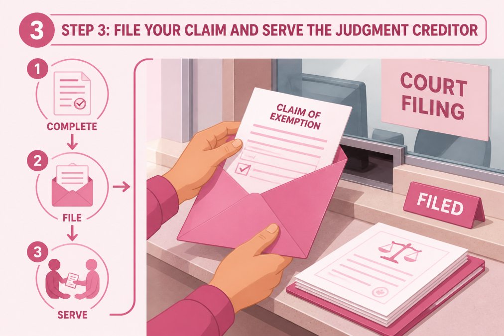 Close-up of hands placing a completed claim of exemption document into an envelope at a courthouse filing window, showing the physical filing process with documents and paperwork visible