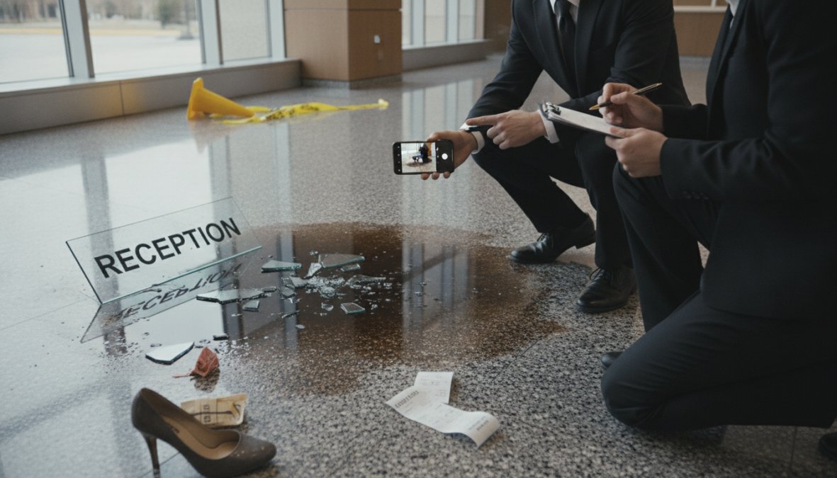 Business professional photographing damage to commercial property with smartphone, documenting incident evidence at a retail storefront with visible structural damage