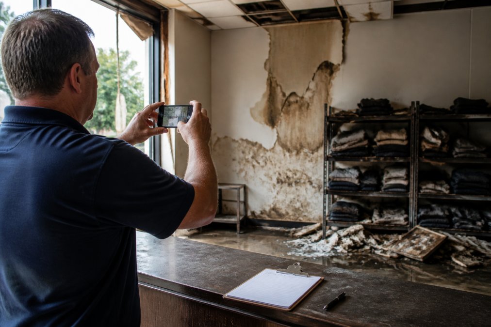 Business owner documenting water damage for a commercial property claim using a smartphone in a broken storefront.