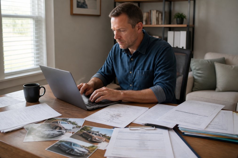 Person sitting at desk with insurance claim forms, medical documents, and photographs spread out, typing notes on laptop in home office with natural lighting