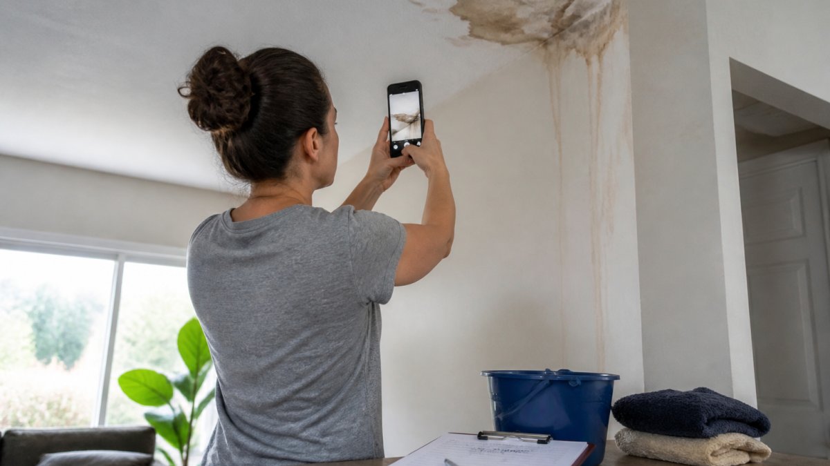 Homeowner photographing water damage to a wall and ceiling with a smartphone, clipboard with notes visible on nearby surface
