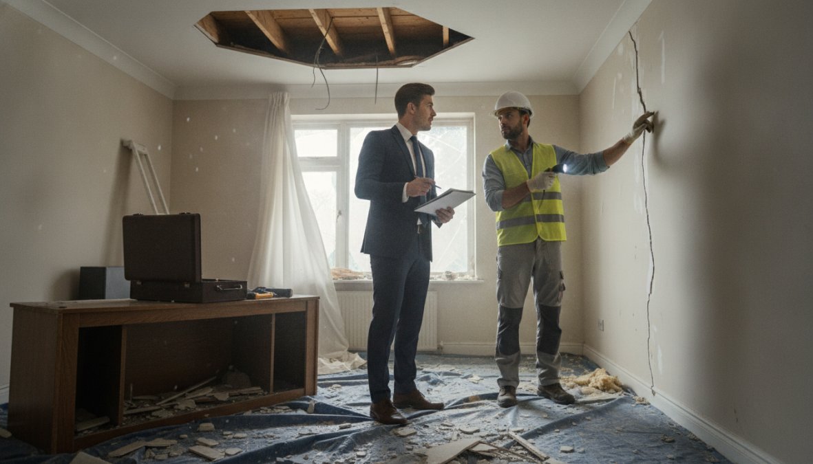 Two professionals standing inside a home with visible ceiling damage, one in a business suit reviewing a clipboard of documents and one in a hard hat examining the structural damage, natural light coming through a window