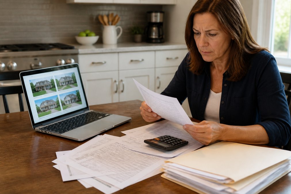 Infographic showing the process of gathering evidence for a property tax grievance using documents and sales data.
